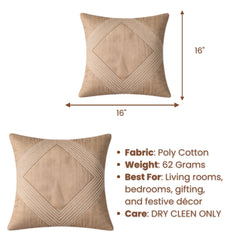 Fabric Crafted Cushion Cover – Camel | 16"x16" | Poly Cotton | Elegant Stitched Geometric Design