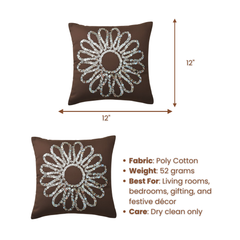 Handcrafted Brown Floral Cushion Cover – 12"x12", Premium Poly Cotton
