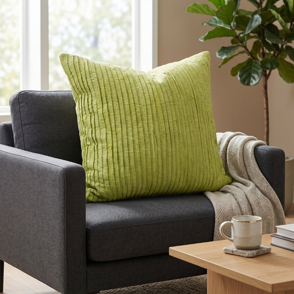 Fabric Crafted Cushion Cover – Parrot Green | 16"x16" | Poly Cotton Foam Fabric | Elegant Ribbed Texture Desig