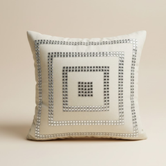 Hand-Crafted White Cushion Cover – 16"x16", Silver Square Embellished Design | Premium Poly Cotton