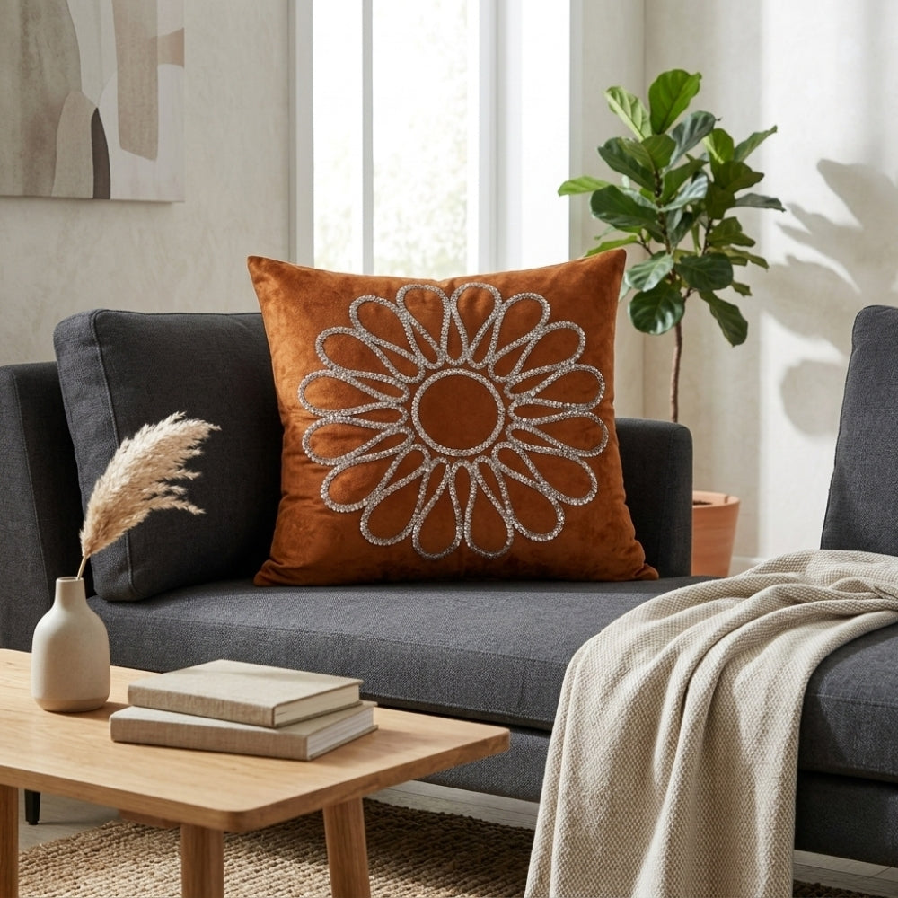 Hand Crafted Cushion Cover – Rust | 16"x16" | Poly Cotton Fabric | Floral Design