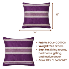 Handcrafted Purple Cushion Cover – 16"x16" | Striped Embellished Design | Premium Poly Cotton