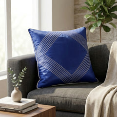 Fabric Crafted Cushion Cover – Blue | 16"x16" | Poly Cotton | Elegant Stitched Geometric Design