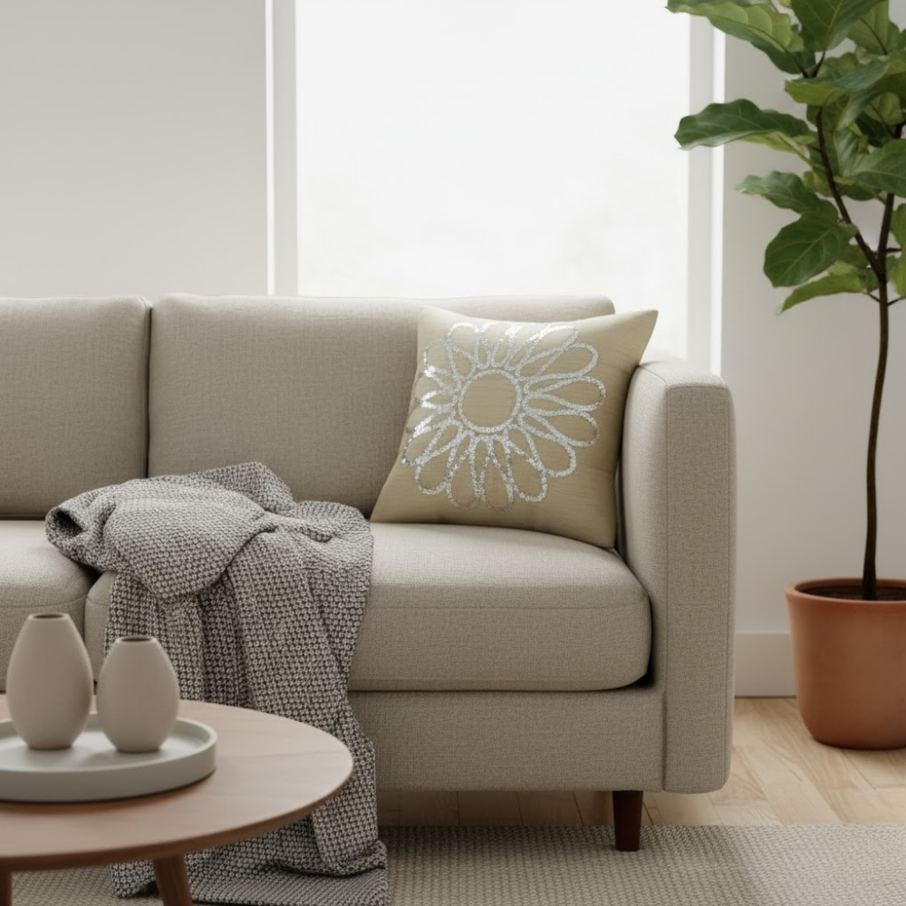 Handcrafted Beige Floral Cushion Cover – 12"x12", Premium Poly Cotton