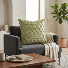 Fabric Crafted Cushion Cover – Green | 16"x16" | Poly Cotton Fabric | Elegant Embossed Wavy Pattern Design