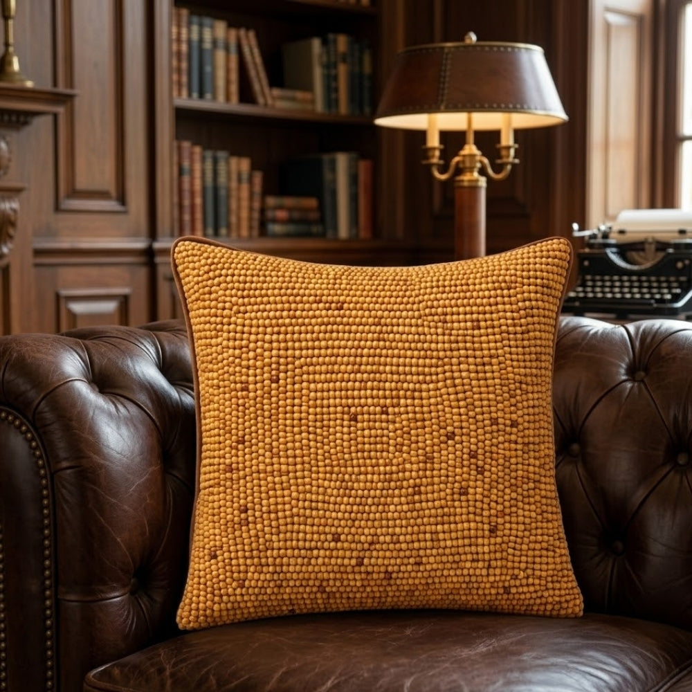 Handcrafted Cushion Cover – Beige | 16"x16" | Poly Cotton Wood Fabric | Premium Beaded Texture Design