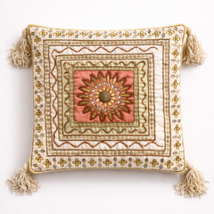 Hand Crafted Cushion Cover – Ivory | 12"x12" | Poly Cotton | Embroidered Medallion Design