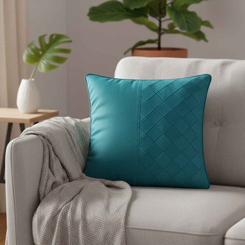 Fabric-Crafted Turquoise Cushion Cover – 12"x12" | Premium Poly Cotton | Elegant Dual Panel Design