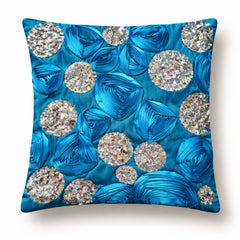 Hand Crafted Cushion Cover – Turquoise | 16"x16" | Poly Cotton | Embroidered Sequin Floral Design