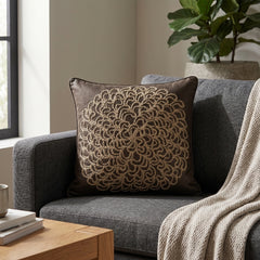 Machine Crafted Brown Cushion Cover – 12"x12" | Elegant Gold Floral Embroidery | Premium Poly-Cotton Decorative Cushion Cover