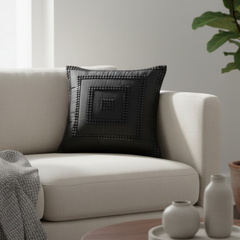 Hand-Crafted Black Cushion Cover – 16"x16", Black Embellished Square Design | Premium Poly Cotton