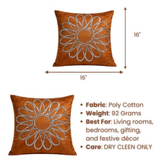 Hand Crafted Cushion Cover – Rust | 16"x16" | Poly Cotton Fabric | Floral Design