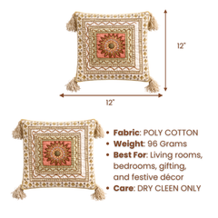 Hand Crafted Cushion Cover – Ivory | 12"x12" | Poly Cotton | Embroidered Medallion Design