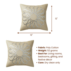 Handcrafted Beige Floral Cushion Cover – 12"x12", Premium Poly Cotton