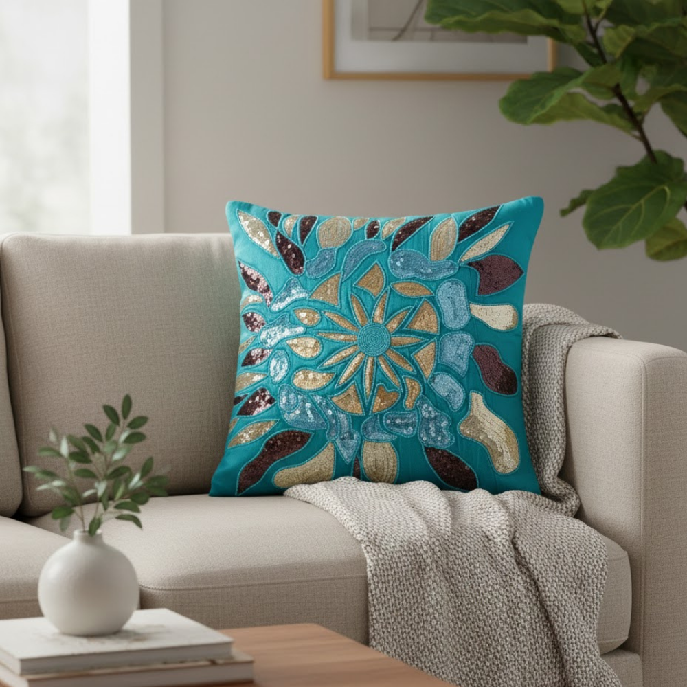 Handcrafted Turquoise Cushion Cover – 16"x16" | Poly Cotton | Artistic Multicolor Embroidery | Premium Festive Décor