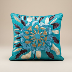 Handcrafted Turquoise Cushion Cover – 16"x16" | Poly Cotton | Artistic Multicolor Embroidery | Premium Festive Décor