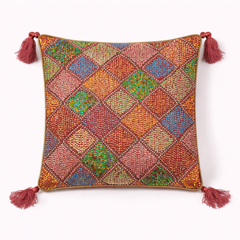 Handcrafted Maroon Cushion Cover – 16"x16" | Diamond Patchwork Embroidery | Tassel Accents | Premium Poly Cotton