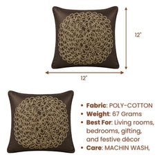 Machine Crafted Brown Cushion Cover – 12"x12" | Elegant Gold Floral Embroidery | Premium Poly-Cotton Decorative Cushion Cover