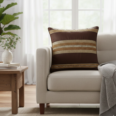 Handcrafted Brown Cushion Cover – 16"x16" | Striped Embellished Design | Premium Poly Cotton