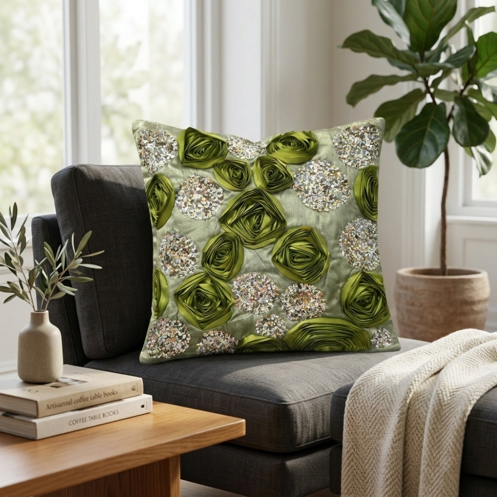 Hand Crafted Cushion Cover – Green | 16"x16" | Poly Cotton | Embroidered Sequin Floral Design