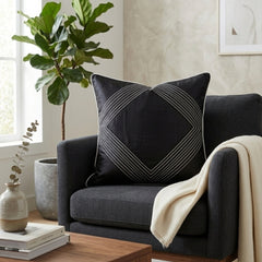 Fabric Crafted Cushion Cover – Black | 16"x16" | Poly Cotton | Elegant Stitched Geometric Design