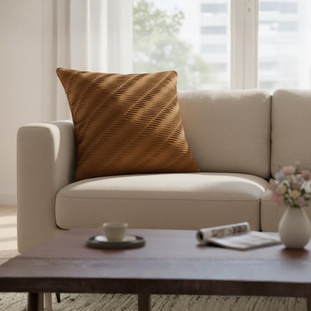 Fabric-Crafted Bronze Cushion Cover – 24"x24" | Textured Wave Pattern | Premium Poly Cotton