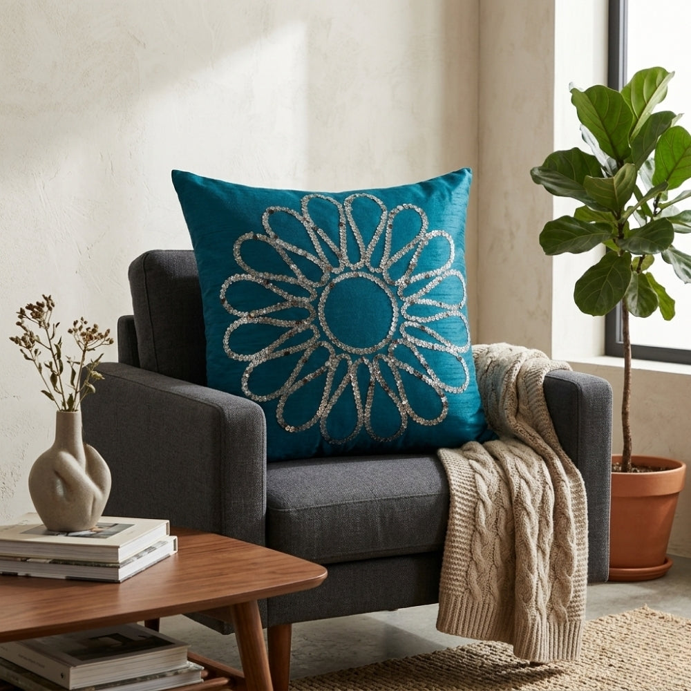 Hand Crafted Cushion Cover – Turquoise | 16"x16" | Poly Cotton Fabric | Floral Design