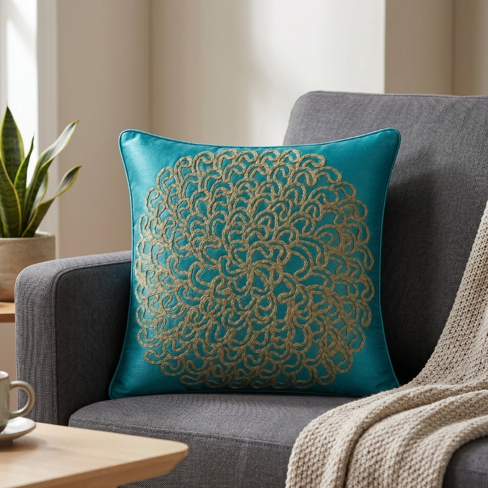 Machine Crafted Turquoise Cushion Cover – 12"x12" | Elegant Gold Floral Embroidery | Premium Poly-Cotton Decorative Cushion Cover