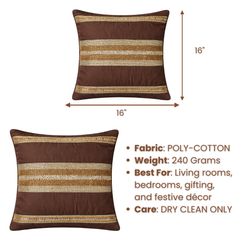 Handcrafted Brown Cushion Cover – 16"x16" | Striped Embellished Design | Premium Poly Cotton