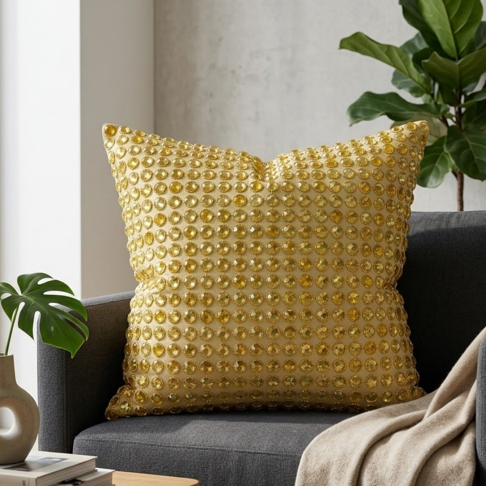 Handcrafted Green Beaded Cushion Cover – 16"x16" | Premium Poly Cotton | Elegant Handcrafted Design