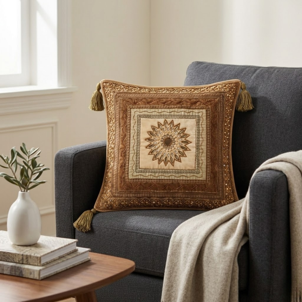 Hand Crafted Cushion Cover – Bronze | 12"x12" | Poly Cotton | Embroidered Medallion Design