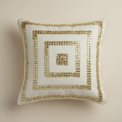 Hand-Crafted Cream Cushion Cover – 16"x16", Golden Square Embellished Design | Premium Poly Cotton