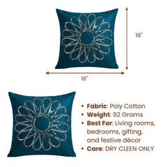 Hand Crafted Cushion Cover – Turquoise | 16"x16" | Poly Cotton Fabric | Floral Design