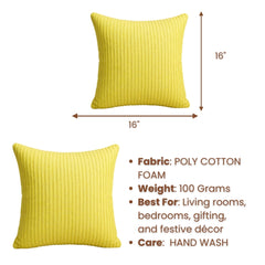 Fabric Crafted Cushion Cover – Yellow | 16"x16" | Poly Cotton Foam Fabric | Elegant Ribbed Texture Design
