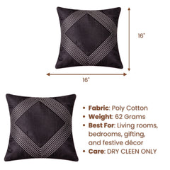 Fabric Crafted Cushion Cover – Black | 16"x16" | Poly Cotton | Elegant Stitched Geometric Design