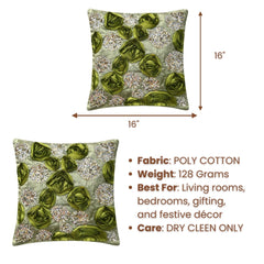 Hand Crafted Cushion Cover – Green | 16"x16" | Poly Cotton | Embroidered Sequin Floral Design