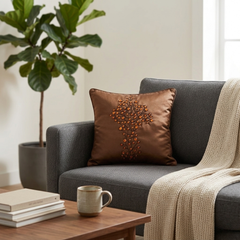 Hand Crafted Cushion Cover – Brown | 12"x12" | Poly Cotton | Embroidered Floral Design