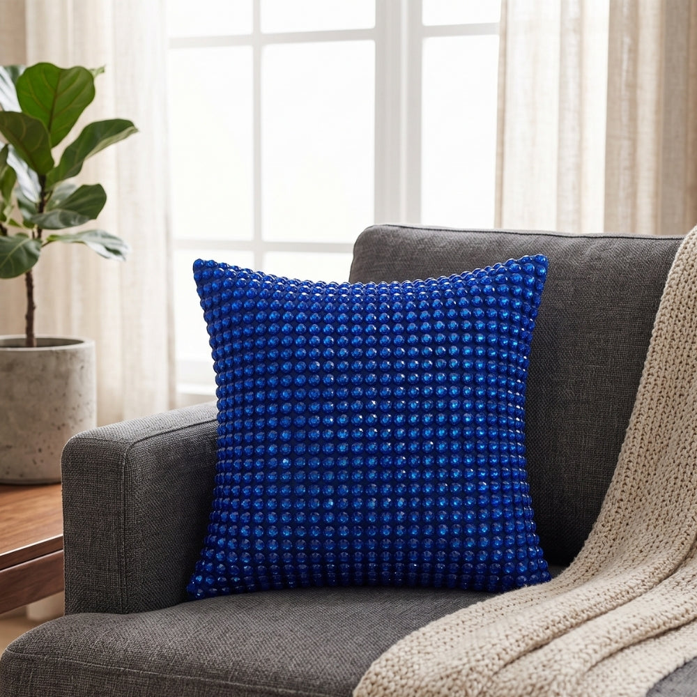 Handcrafted Royal Blue Beaded Cushion Cover – 12"x12" | Premium Poly Cotton | Elegant Handcrafted Design