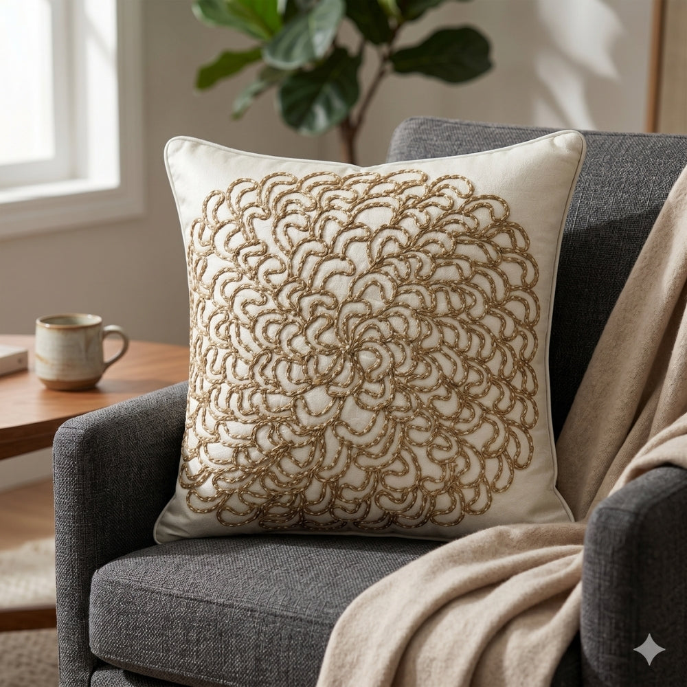 Machine Crafted Cream Cushion Cover – 16"x16" | Elegant Gold Floral Embroidery | Premium Poly-Cotton Decorative Cushion Cover