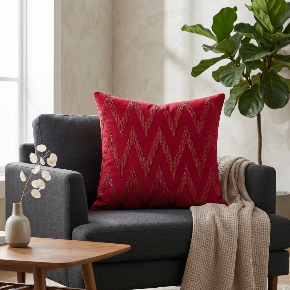 Handcrafted Cushion Cover – Red | 16"x16" | Zigzag Embroidered Decorative Cushion Cover