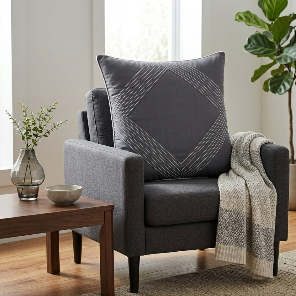 Fabric Crafted Cushion Cover – Grey | 16"x16" | Poly Cotton | Elegant Stitched Geometric Design