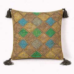 Handcrafted Brown Cushion Cover – 16"x16" | Diamond Patchwork Embroidery | Tassel Detailing | Premium Poly Cotton