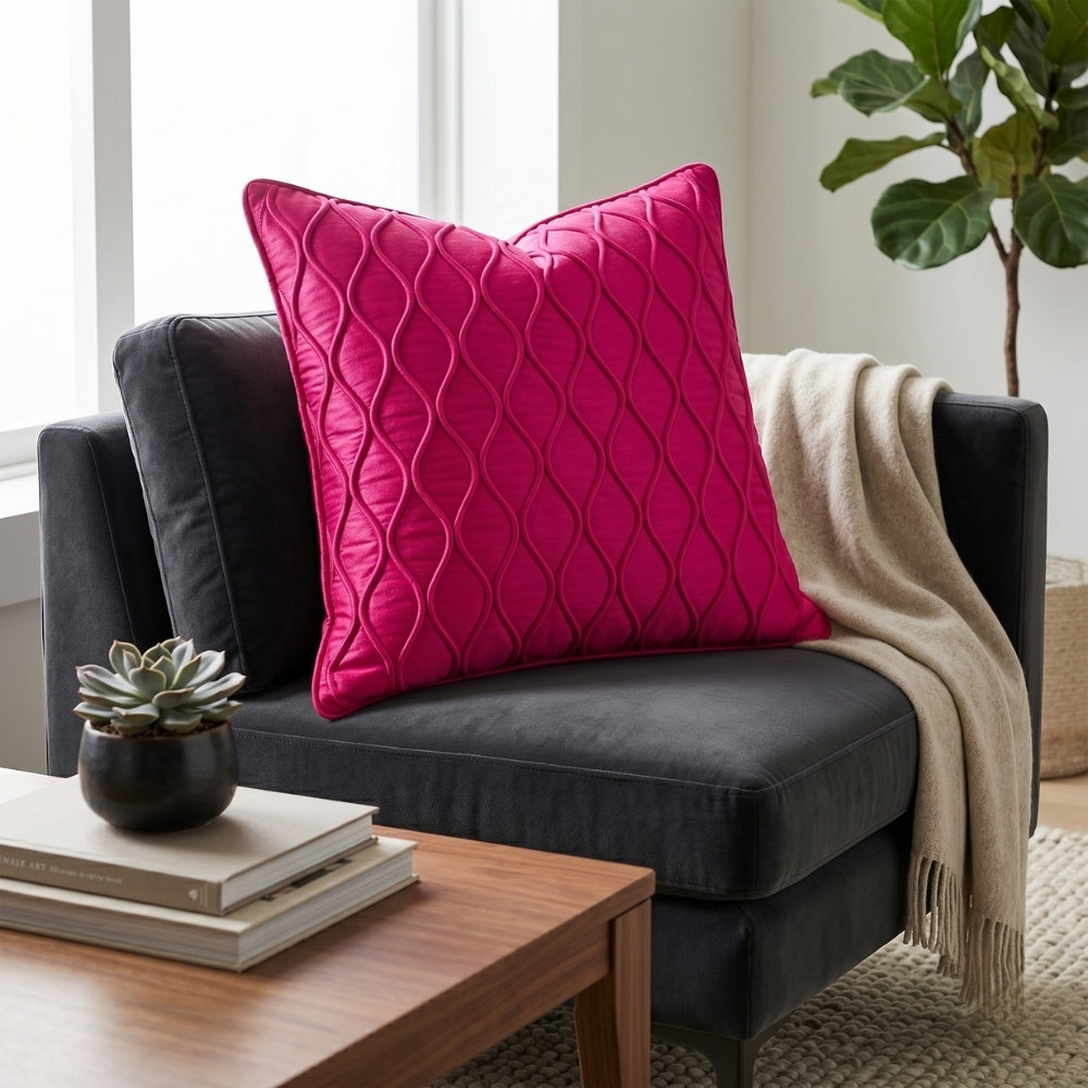 Fabric Crafted Cushion Cover – Dark Pink | 16"x16" | Poly Cotton Fabric | Elegant Embossed Wavy Pattern Design