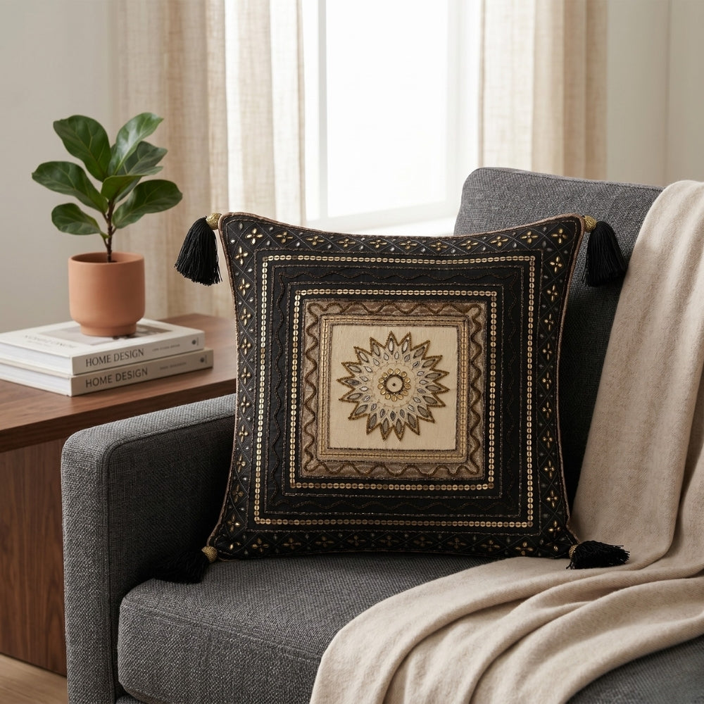 Handcrafted Cushion Cover – Black | 12"x12" | Traditional Embroidered Tassel Decorative Cushion Cover