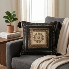 Handcrafted Cushion Cover – Black | 12"x12" | Traditional Embroidered Tassel Decorative Cushion Cover