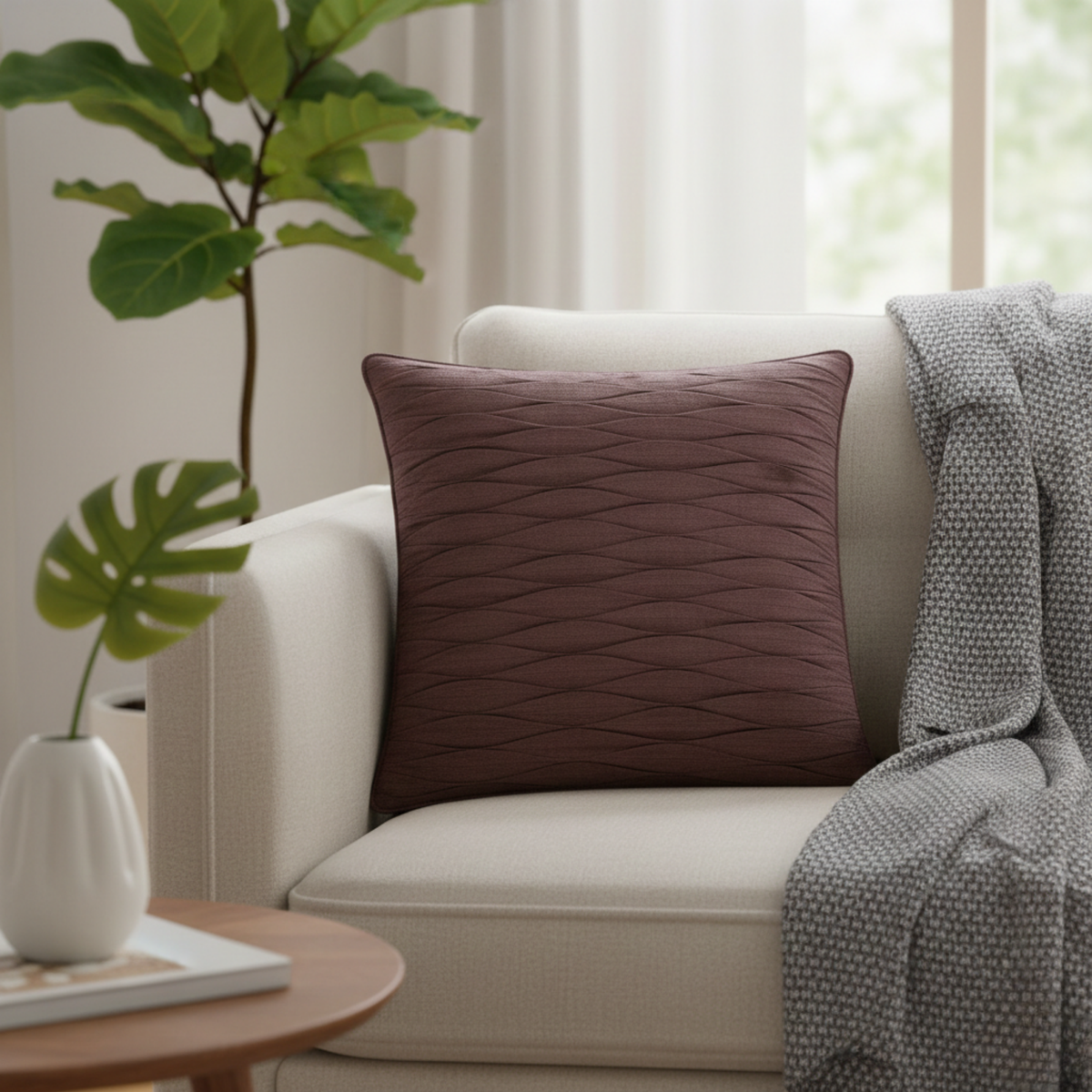 Fabric-Crafted Brown Cushion Cover – 12"x12" | Elegant Wave Layered Texture | Premium Poly Cotton