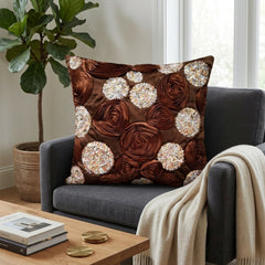 Hand Crafted Cushion Cover – Brown | 16"x16" | Poly Cotton | Embroidered Sequin Rosette Design