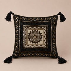 Handcrafted Cushion Cover – Black | 12"x12" | Traditional Embroidered Tassel Decorative Cushion Cover
