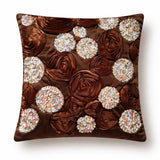 Hand Crafted Cushion Cover – Brown | 16"x16" | Poly Cotton | Embroidered Sequin Rosette Design