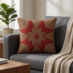 Machine Crafted Red Cushion Cover – 12"x12" | Geometric Star Patchwork Embroidery | Premium Poly-Cotton Decorative Cushion Cover